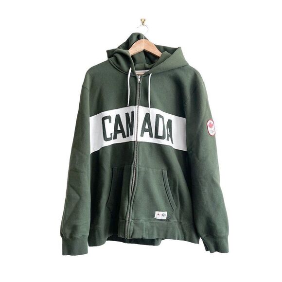 Roots Jacket Men's Hoodie Zip Up Kangaroo Pocket Olympic Logo Green White Sz XL - Picture 1 of 7